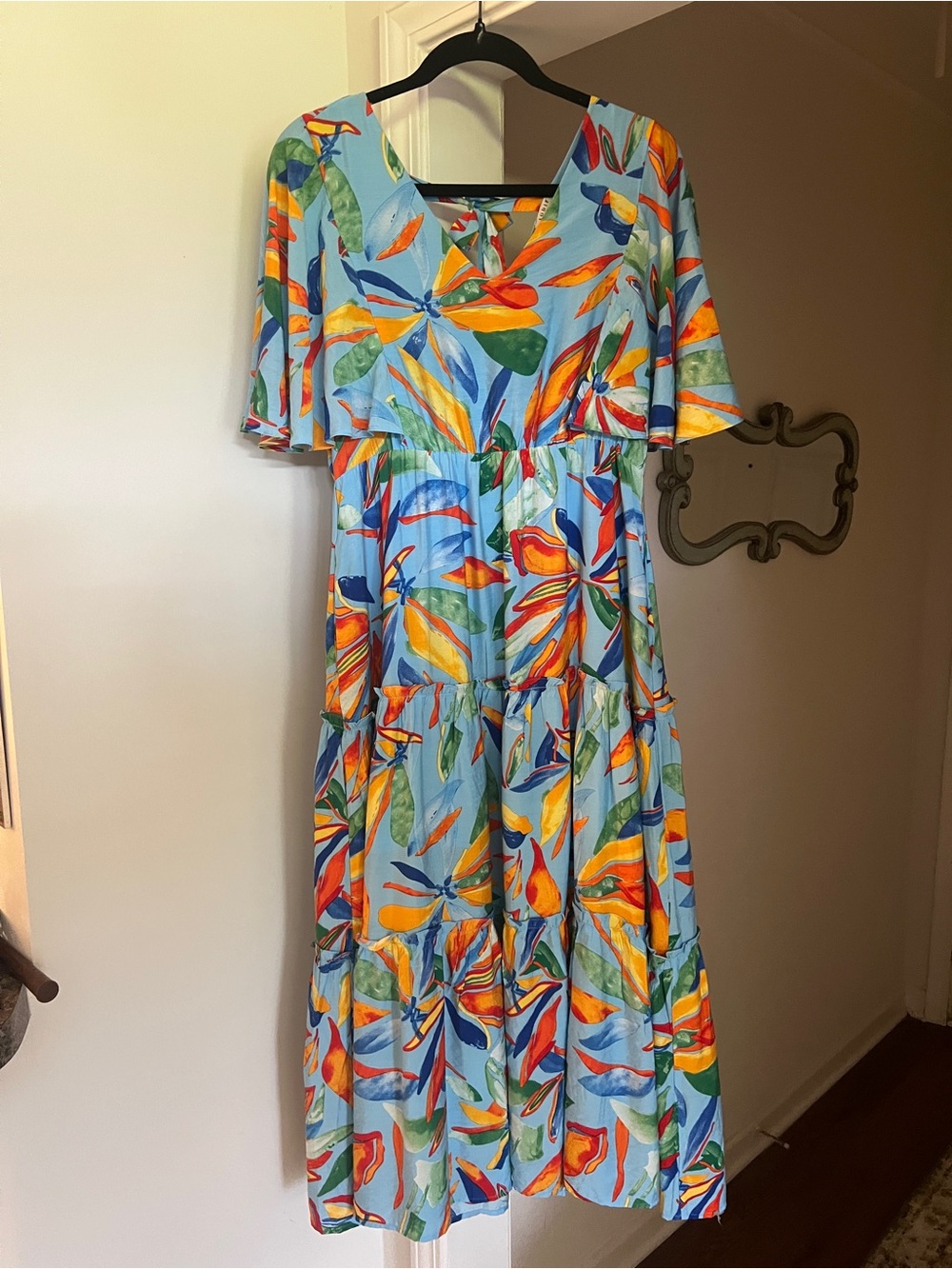 JODIFL Sky Blue Tropical Print Tiered Maxi Dress with Multicolor Florals